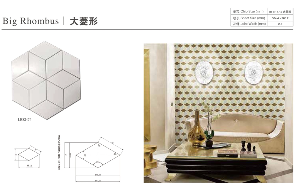 Black White Rhombus Geometric Pattern Porcelain Mosaic Tile for Home Livingroom Floor Wall Decor