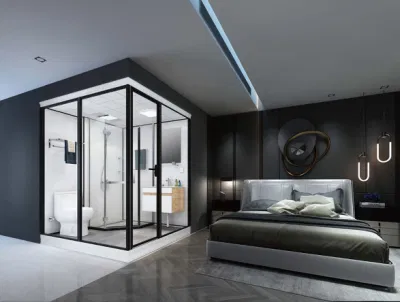  Precios baratos personalizados completa cocción Hotel de lujo Cabina de Cristal negro modular prefabricado el cuarto de baño con wc Pod