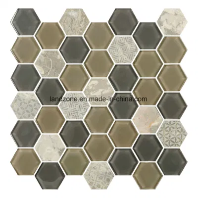  Cristal de vidrio de color beige Hexagonal mosaico decorativo