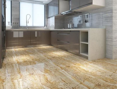 600X600 Azulejo de suelo de porcelana pulido y esmaltado resistente al desgaste con aspecto de mármol amarillo para sala de estar.