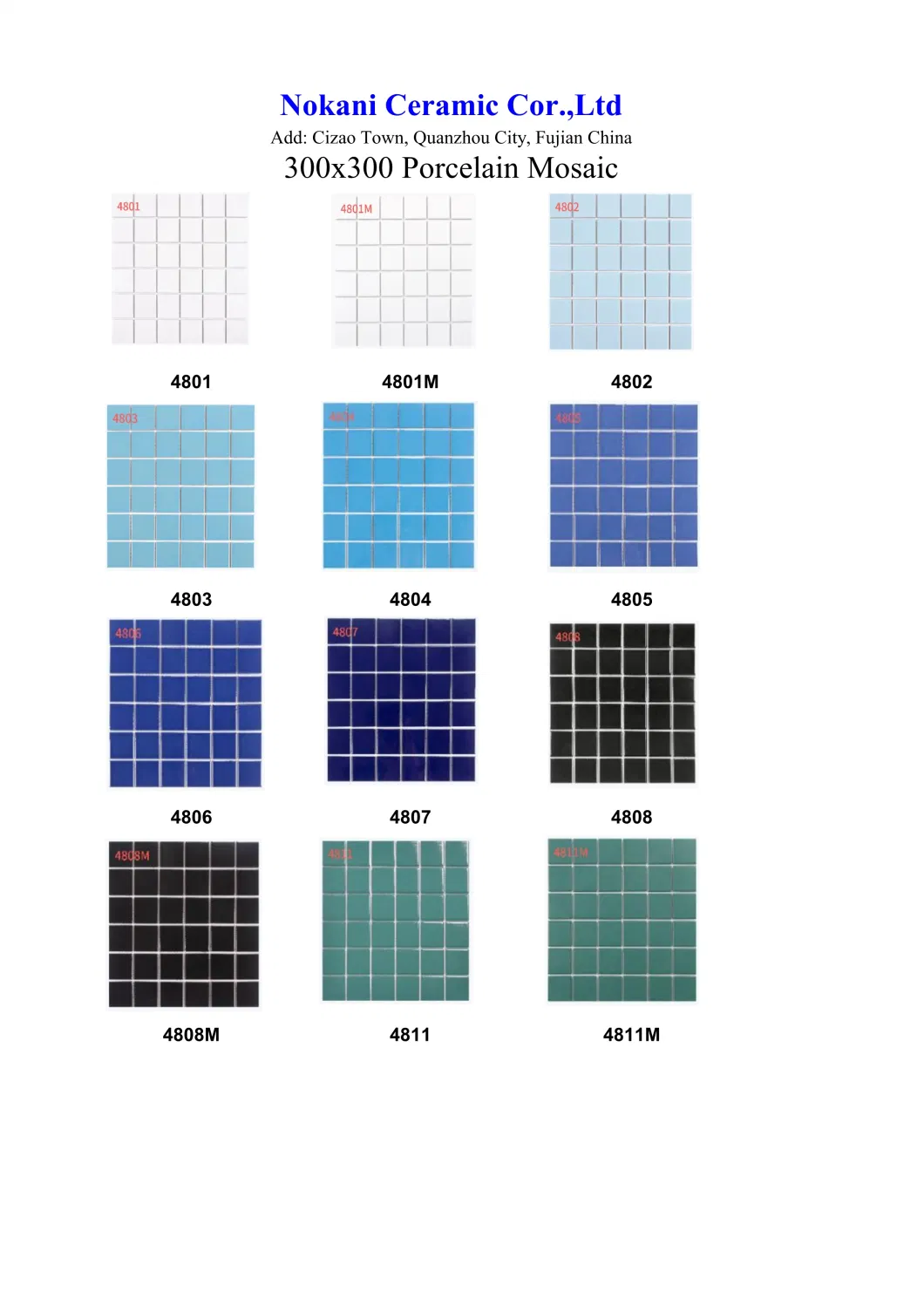 12X12 Anti Slip Blue Ceramic Mosaic for Swimming Pool Tile
