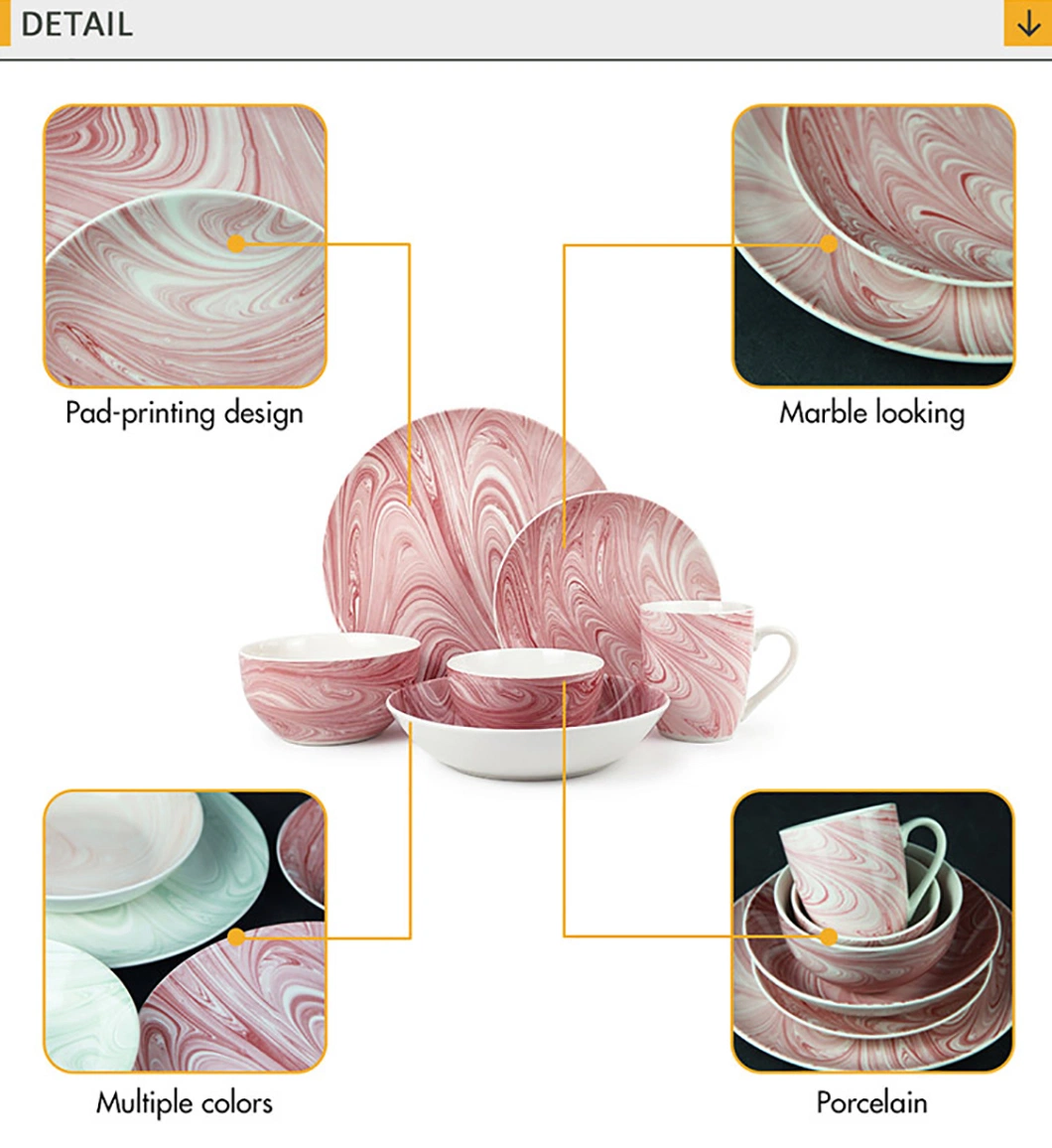 Luxury Pink Marble Plates Sets Dinnerware Ceramic Dinner Round Porcelain Bowl Dishes Sets for Restaurant Hotel