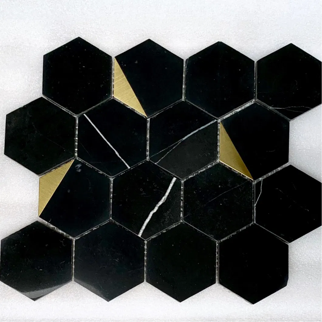 Newstar Marble Metal Mosaic Tile Bathroom Kitchen Light Luxury Black and White Geometric Floor Tile Hexagonal Mosaic Wall Tile