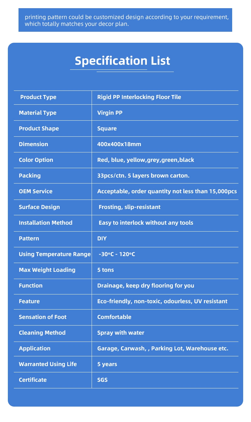 All Environment Suitable PP Removable Interlocking Plastic Garage Floor Tiles