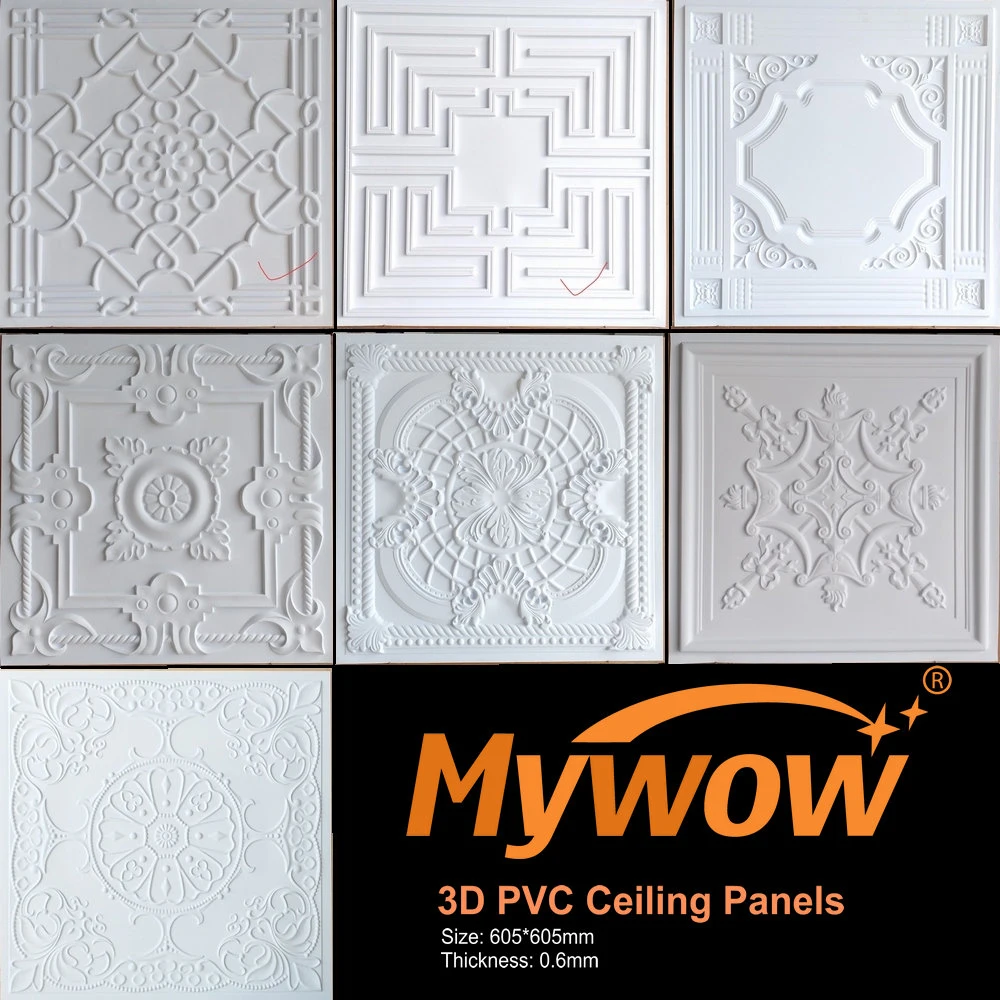 2023 Mywow New Arrival 605*605mm Square Wall Panel 3D PVC Ceiling Tile