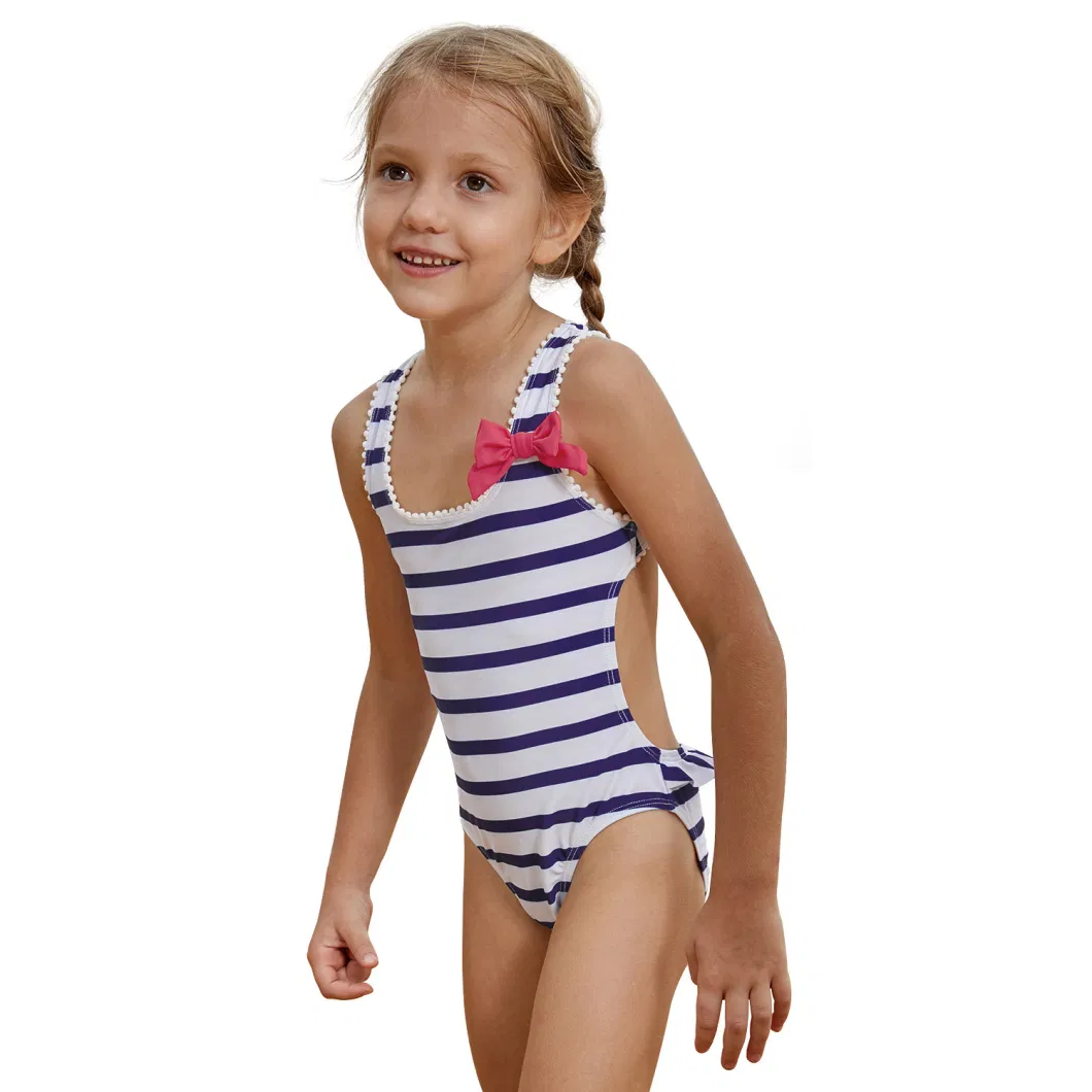 Navy Blue Striped Cross Back One Piece Maillot Swimwear for Little Girls