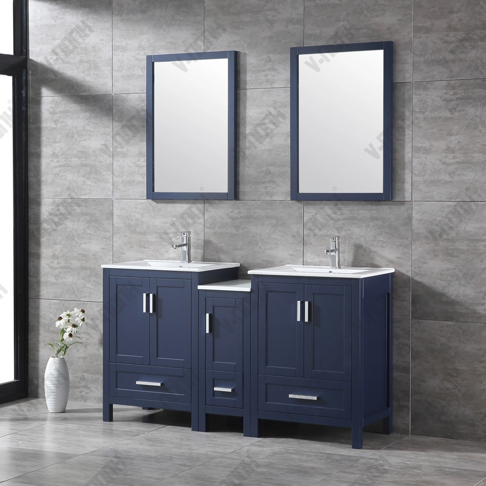 60 Inch Solid Wood Navy Blue Free Standing Bathroom Vanity