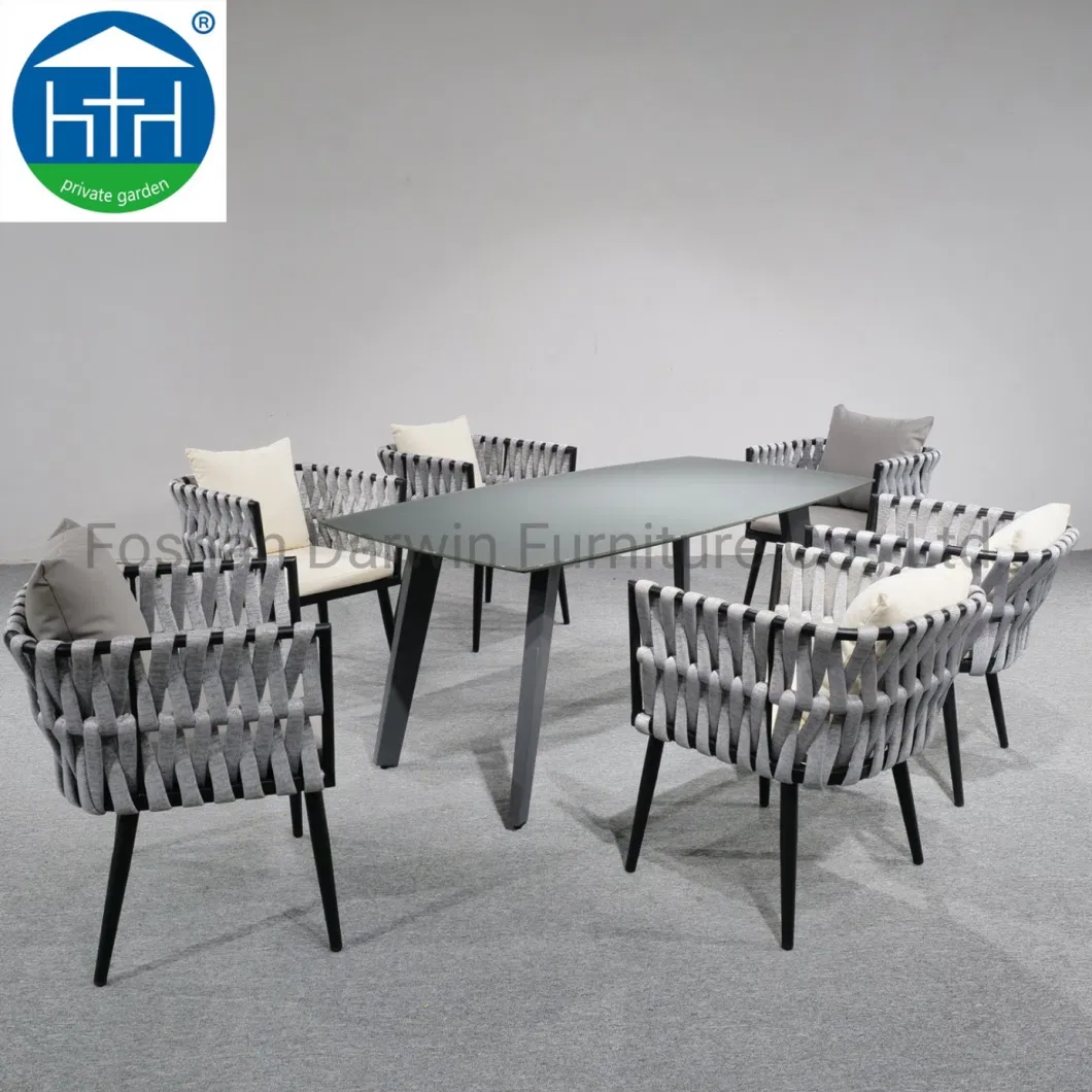 Rope Woven Teak Frame Dining Table and Chairs for Dining Room