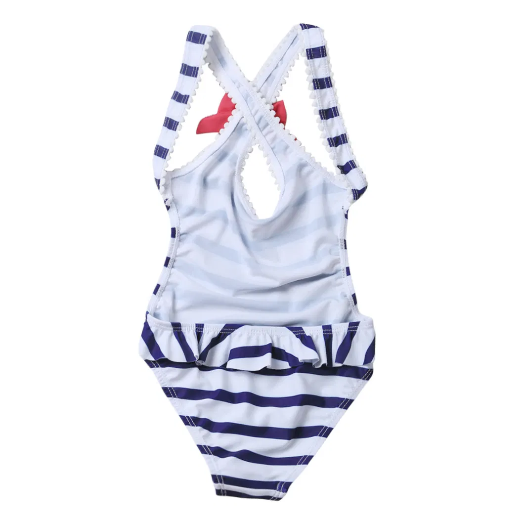 Navy Blue Striped Cross Back One Piece Maillot Swimwear for Little Girls