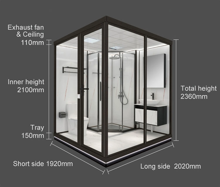 Customized Cheap Price Steaming Complete Luxury Hotel Glass Window Cabin Prefabricated Modular Black Bathroom Pod with Toilet