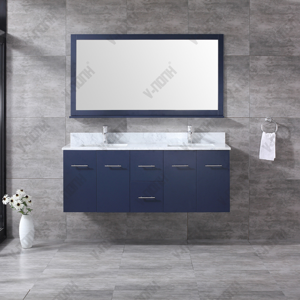 60inch Double Sinks Navy Blue Solid Wood Bathroom Vanity