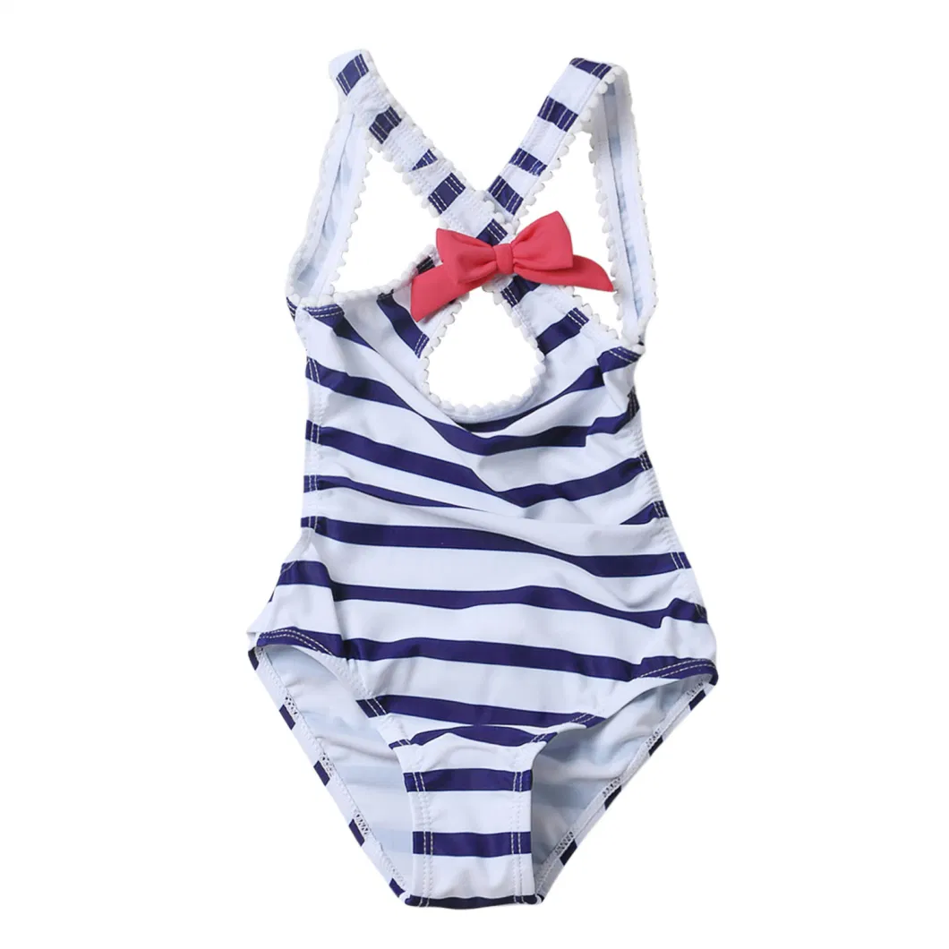 Navy Blue Striped Cross Back One Piece Maillot Swimwear for Little Girls