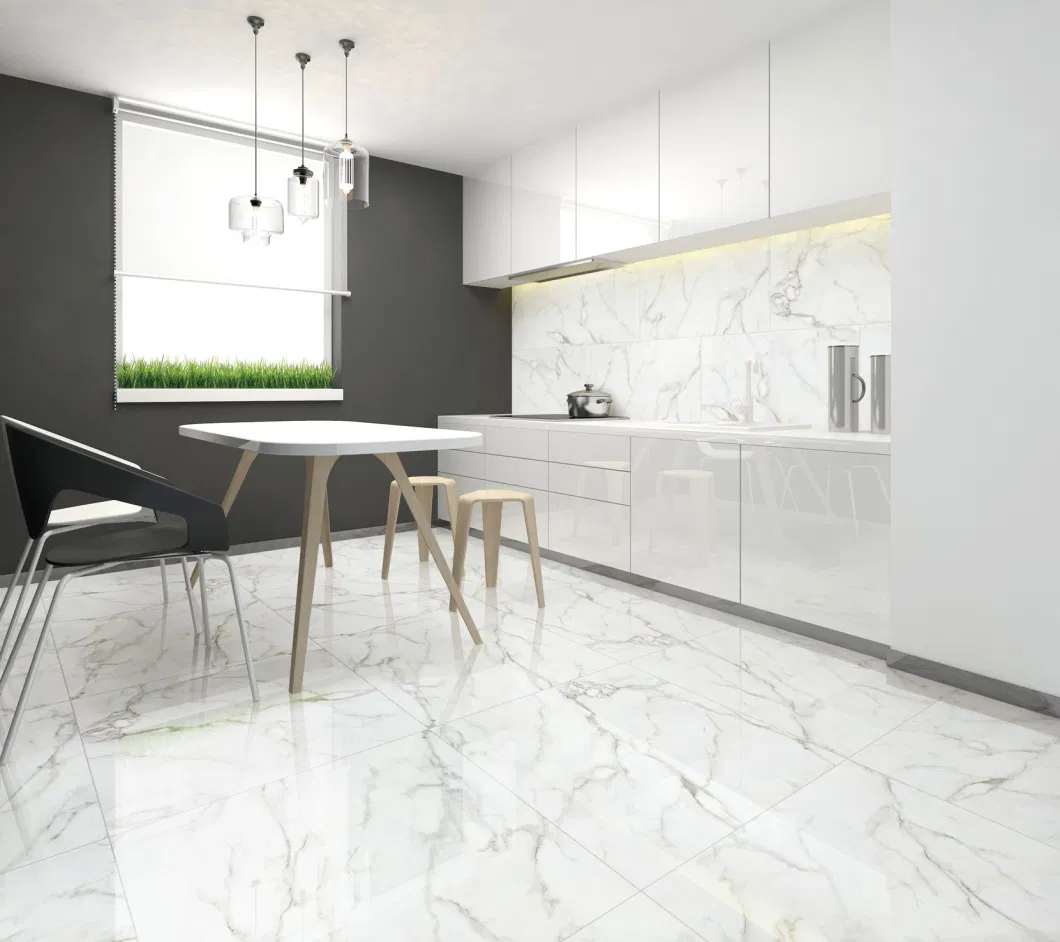 White Cararra Glazed Polished Porcelain Marble Tile for Flooring