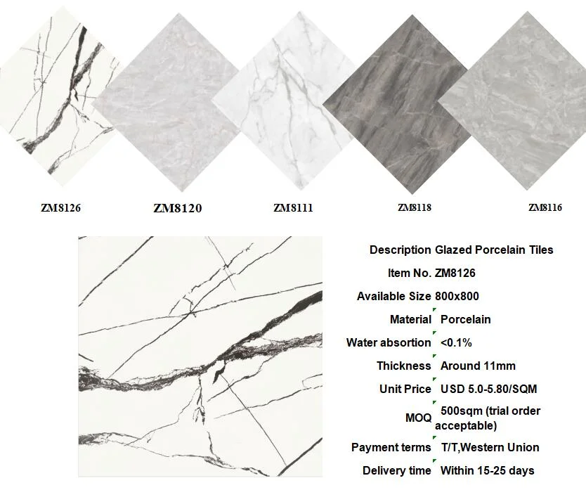 White Cararra Glazed Polished Porcelain Marble Tile for Flooring