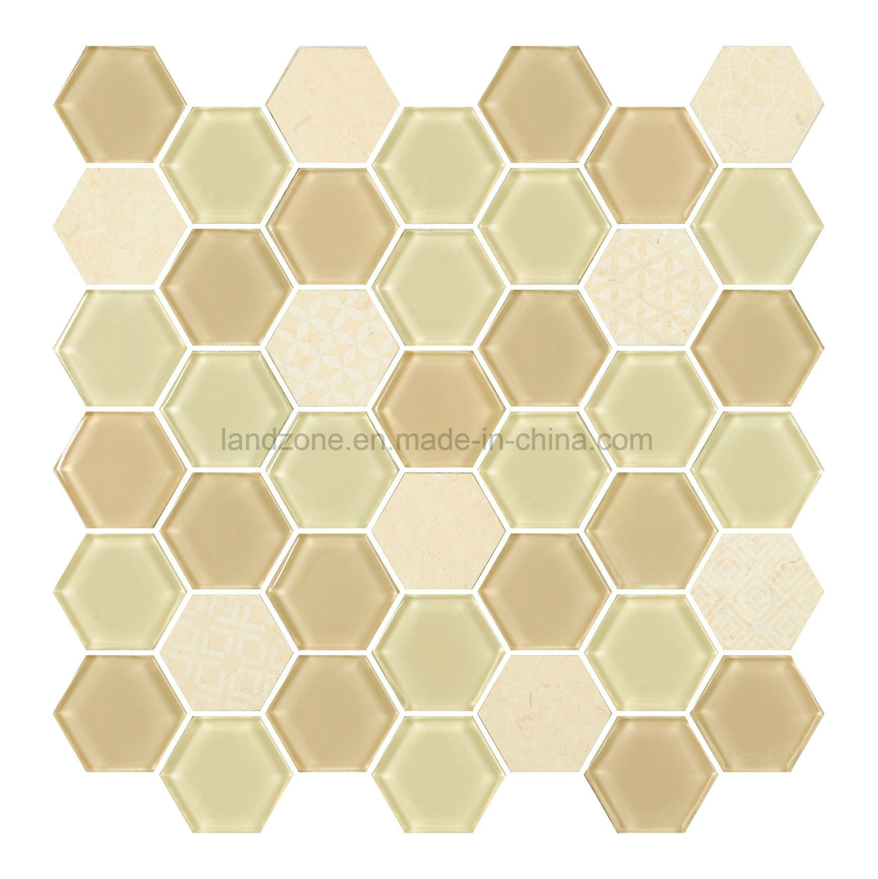 Azulejo de Mosaico Decorativo Interior de Mezcla Hexagonal de Vidrio Beige y Gris