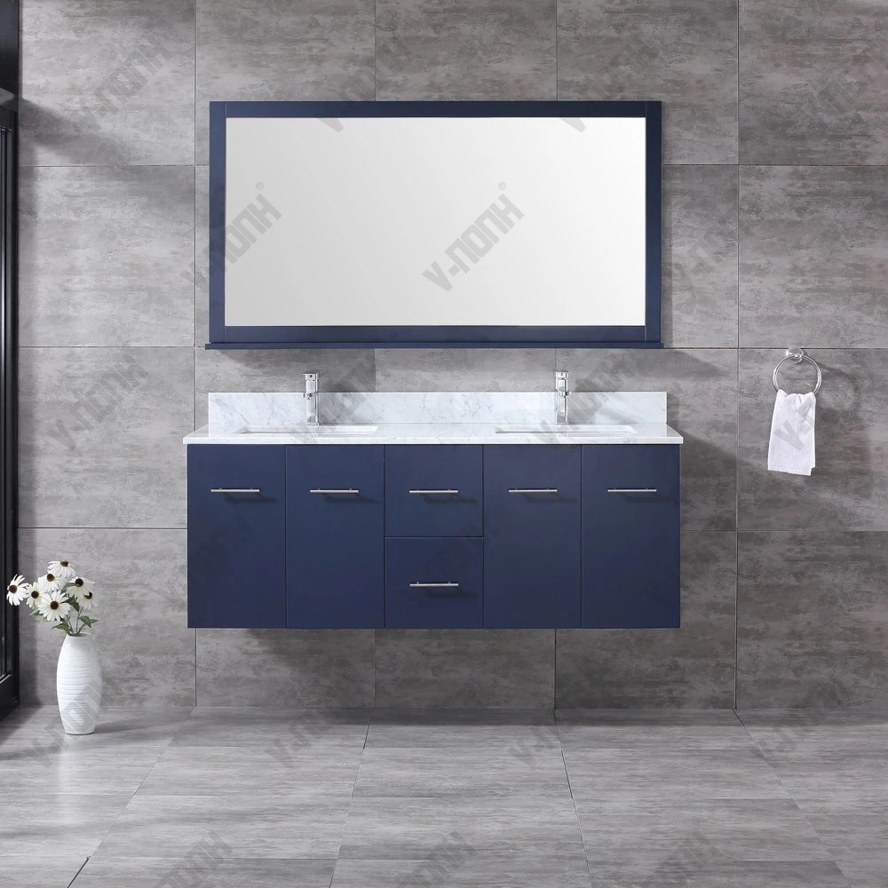 60 pulgadas de color azul marino doble lavamanos tocador cuarto de baño de madera maciza