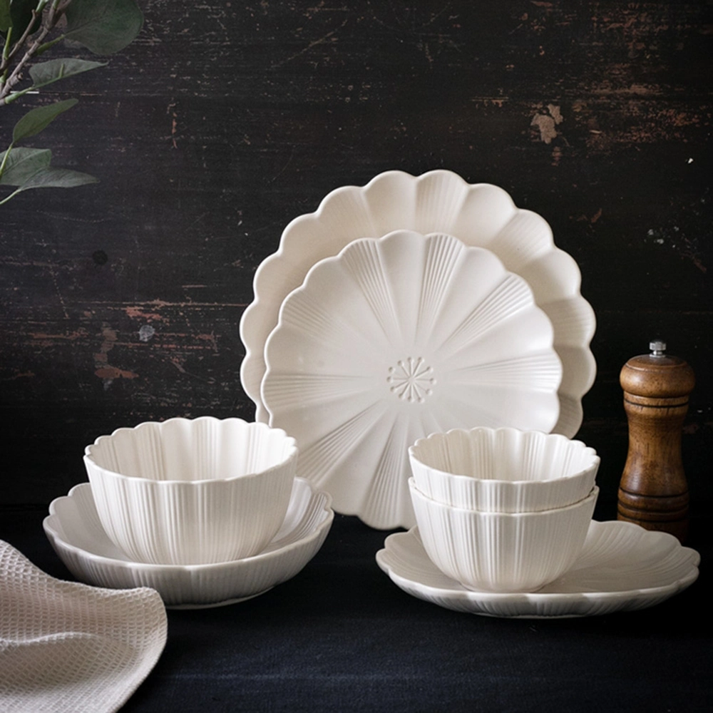 Manufacturer Wholesale High Quality Stoneware Matt Ivory White Embossed Plates Bowls Ceramic Tableware