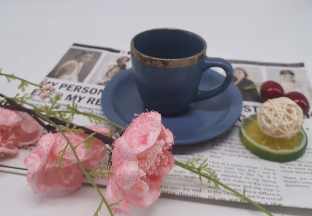 Stoneware Blue Color Glaze with Golden Rim Coffee Cup with Saucer