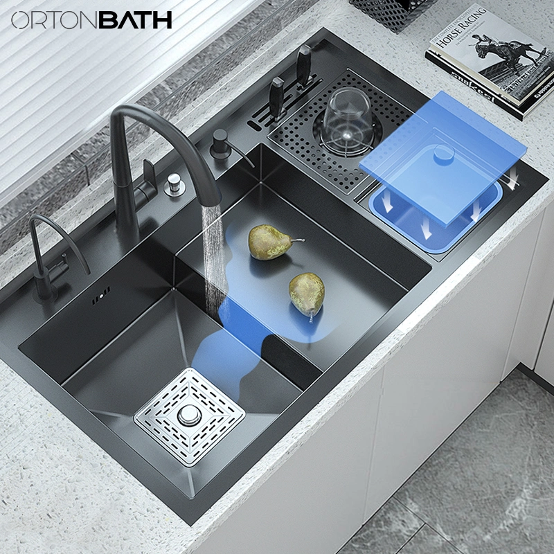 Ortonbath Utility Luxury Multi Function Smart 304 Stainless Steel Kitchen Sink with Cup Washer Cover Accessories