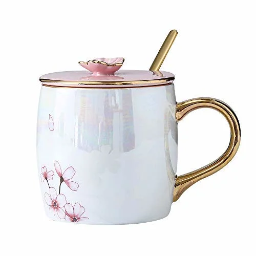 13.5oz Cherry Blossom Ceramic Mugs with Lid Gold Spoon Porcelain Coffee Milk Tea Cups Office Travel Cup with Gift Box