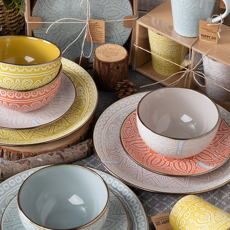 Ceramics Color Embossed-Glaze Stoneware with Spray Dinnerware Sets