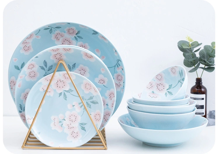 Dehua Factory Porcelain Blue Background with Pink Oriental Cherry Stamping Design Tableware Sets