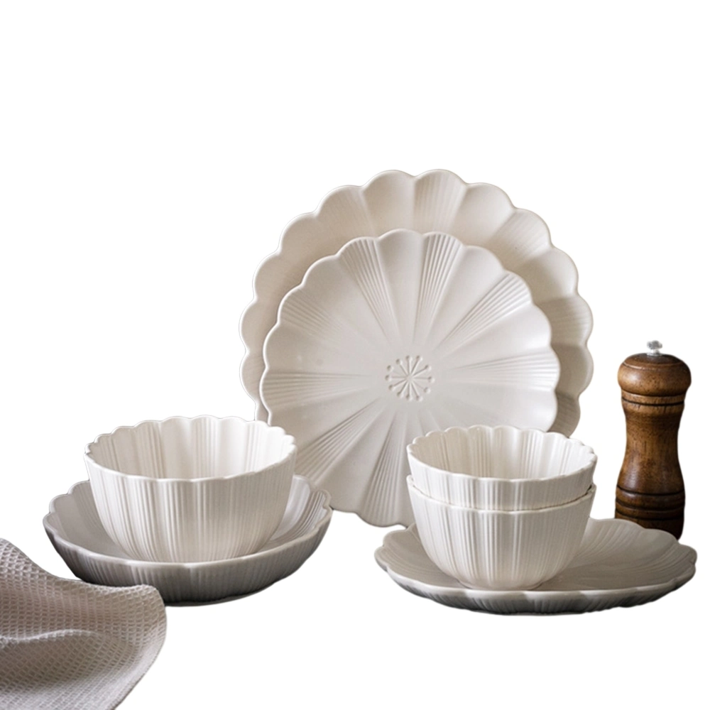 Manufacturer Wholesale High Quality Stoneware Matt Ivory White Embossed Plates Bowls Ceramic Tableware