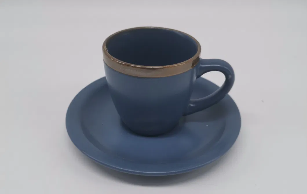 Stoneware Blue Color Glaze with Golden Rim Coffee Cup with Saucer