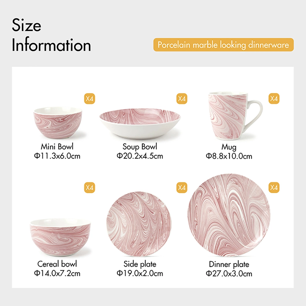 Luxury Pink Marble Plates Sets Dinnerware Ceramic Dinner Round Porcelain Bowl Dishes Sets for Restaurant Hotel