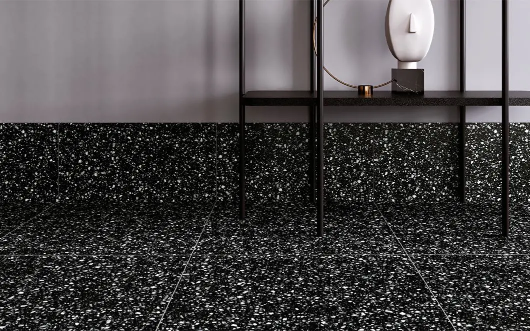 80X80cm Super Black Terrazzo Sstyle Soft Gloss Kitchen Glazed Ceramic Tile