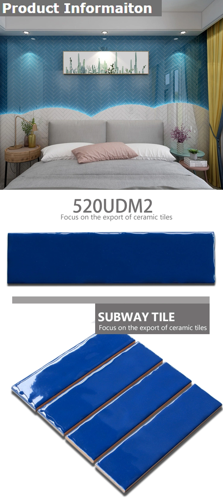 2*8 Inch Small Size Subway Tiles Factory Price Dark Sea Blue Glossy Finished Wavy Surface