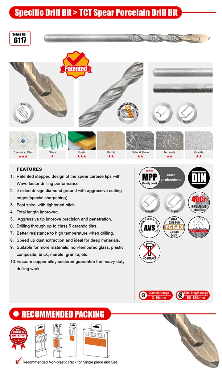 Supreme Quality Patented Tct Spear Porcelain and Stone Drill Bit DIN Standard for Various Tile Ceramic Glass Porcelain Stoneware Drilling