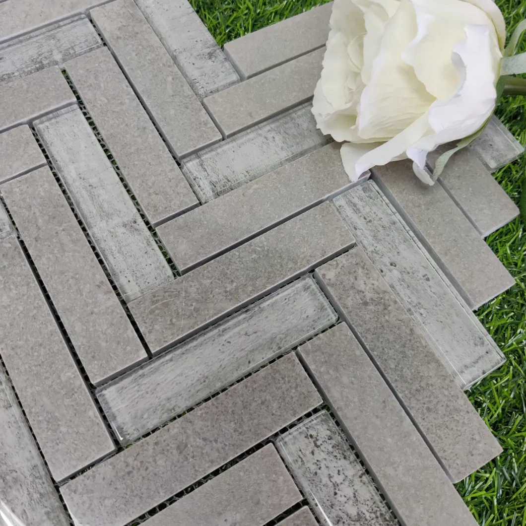 Gray Marble Mix Crystal Herringbone Pattern Wall Decoration Marble Mosaic