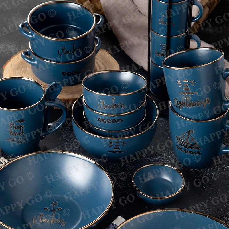 Silk Screen Matte Ocean Stoneware Under Glaze Mugs and Bowls