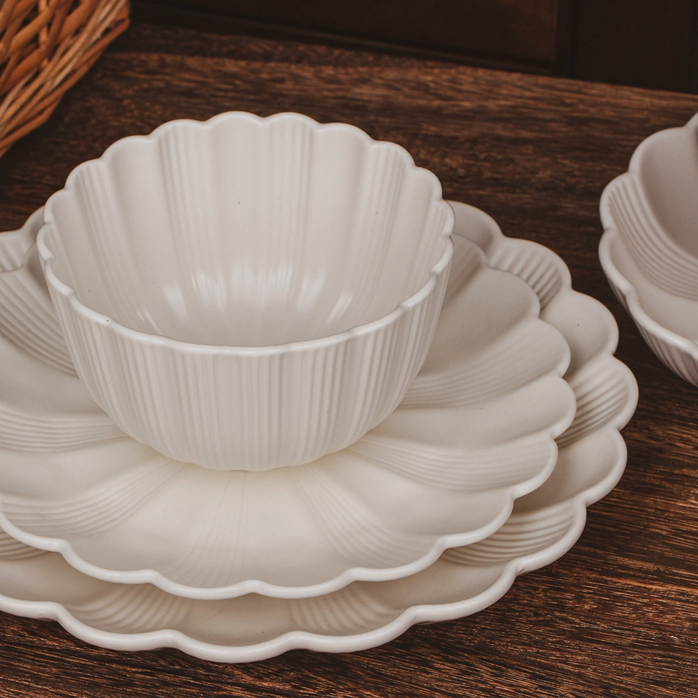 Manufacturer Wholesale High Quality Stoneware Matt Ivory White Embossed Plates Bowls Ceramic Tableware