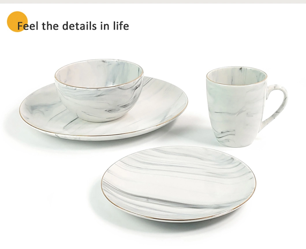 Ceramic Plate Dinnerware Set Kitchen Salad 16PCS Marble Effect Dinnerset with Metallic Rim