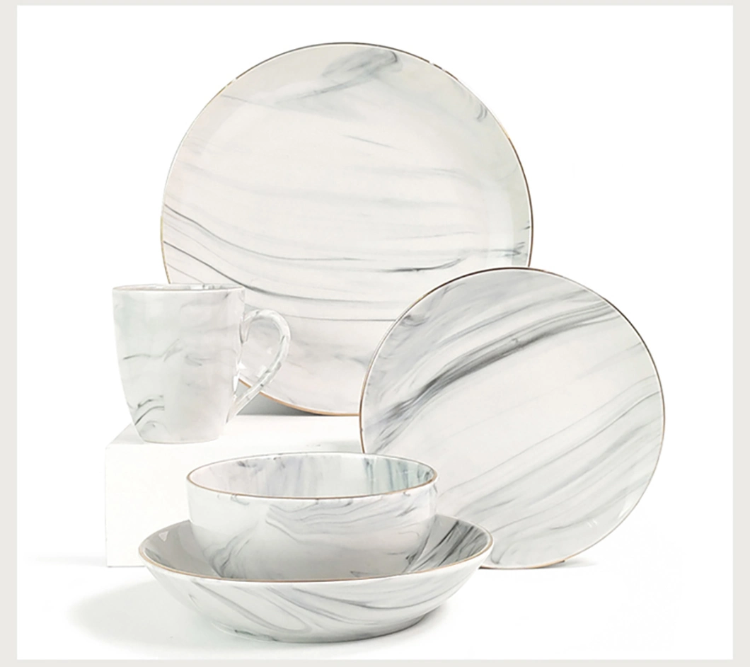 Ceramic Plate Dinnerware Set Kitchen Salad 16PCS Marble Effect Dinnerset with Metallic Rim