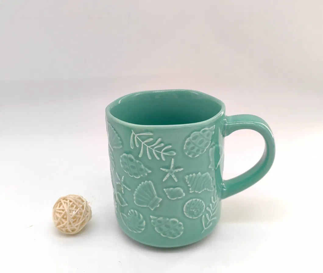 Stoneware Color Glazed with Silk Screen and Embossed Coffee Mugs