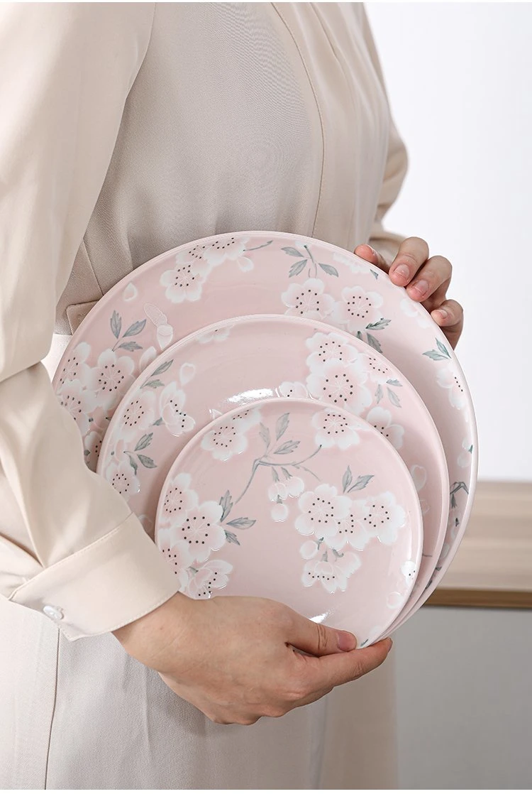 Japanese Style Restaurant Plate Ceramic Dinner Wholesale Simple Fine Elegant Tableware Set with Pink Blue Oriental Cherry Printing Flower Plate