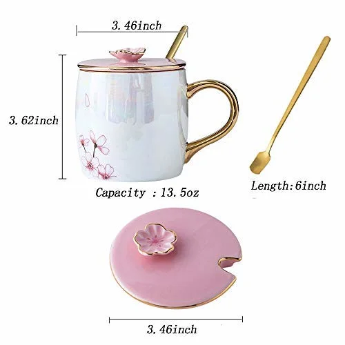 13.5oz Cherry Blossom Ceramic Mugs with Lid Gold Spoon Porcelain Coffee Milk Tea Cups Office Travel Cup with Gift Box