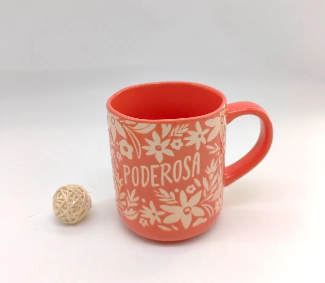 Stoneware Color Glazed with Silk Screen and Embossed Coffee Mugs