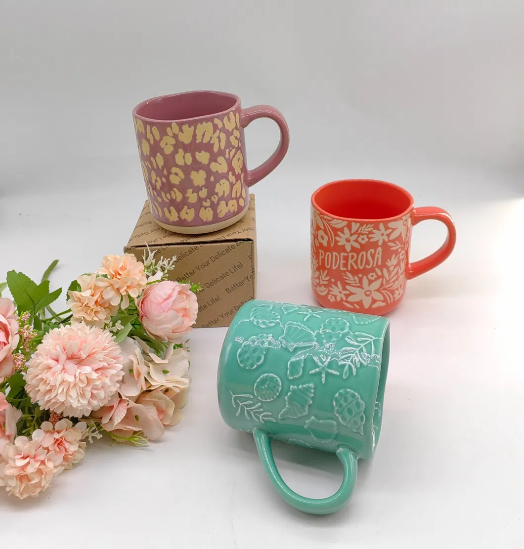 Stoneware Color Glazed with Silk Screen and Embossed Coffee Mugs