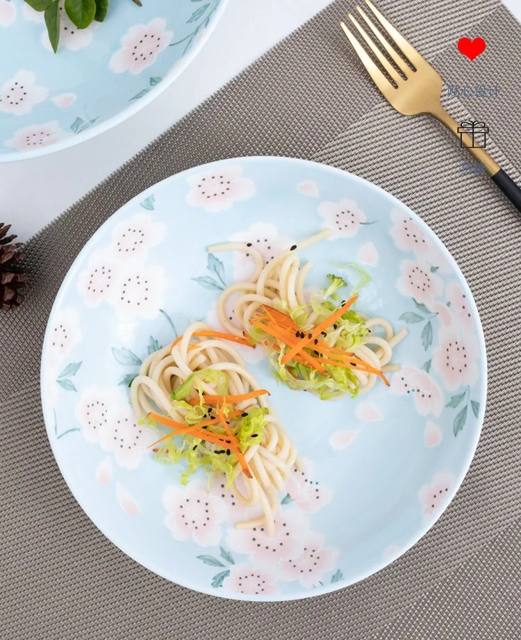 Dehua Factory Porcelain Blue Background with Pink Oriental Cherry Stamping Design Tableware Sets