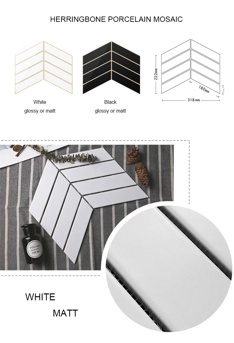 White and Black Kitchen Backsplash and Bathroom Herringbone Porcelain Wall and Floor Mosaic Tile