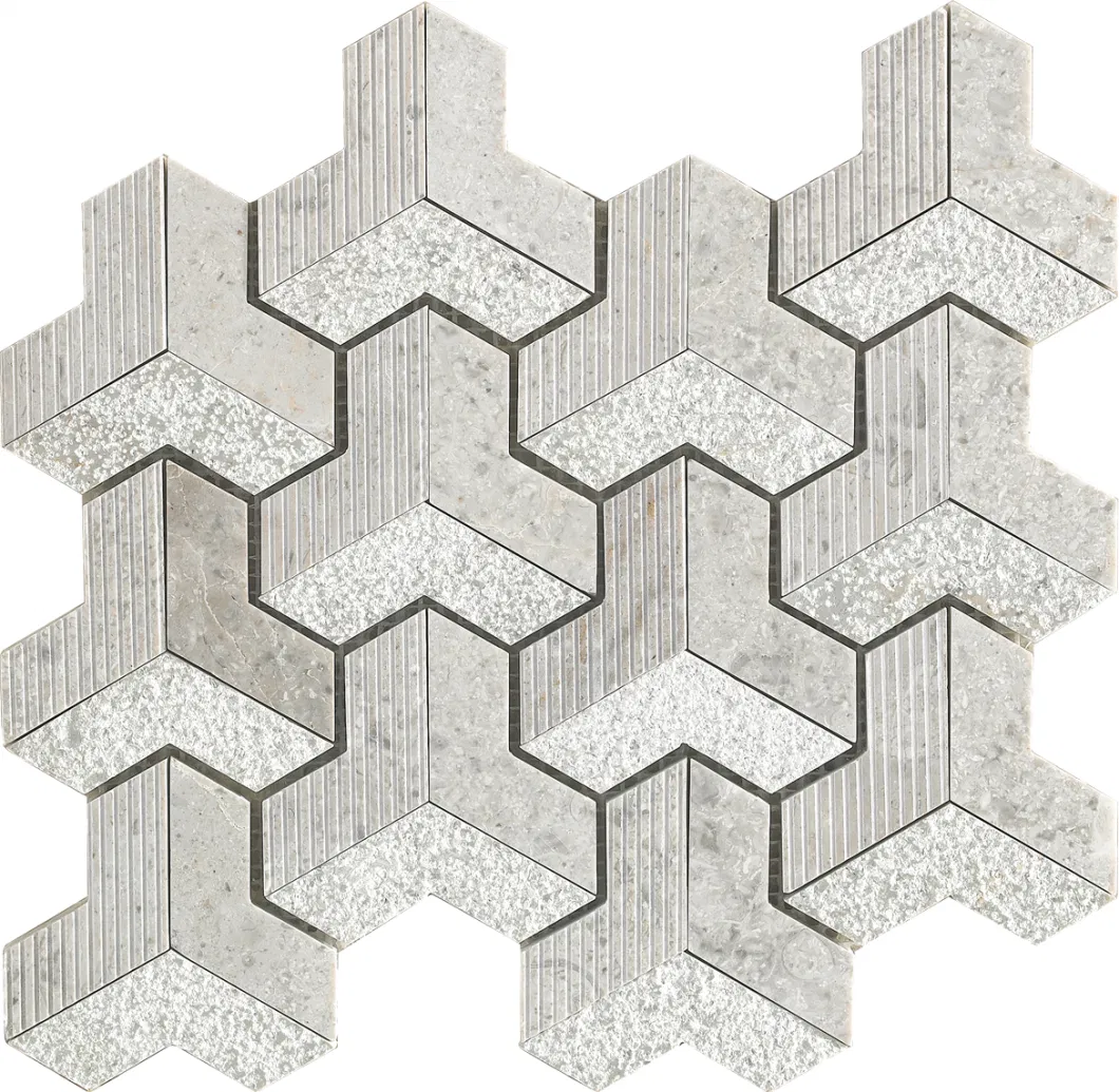 3D Chevron Pattern Gray White Marble Mosaic Tile for Interior Design