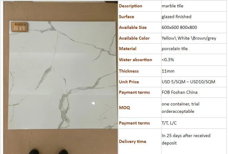 Foshan Indoor and Outdoor Floor and Wall Subway Marble Glazed Ceramic Carrara White Tiles Polished Glossy Porcelain Flooring Tiles