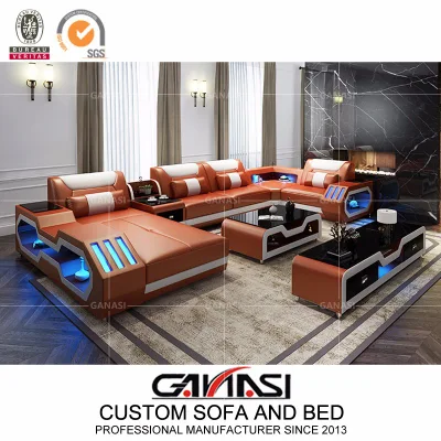 Dubai Commercial Office Furniture Genuine Leather Sectional Sofa Furniture with Coffee Table