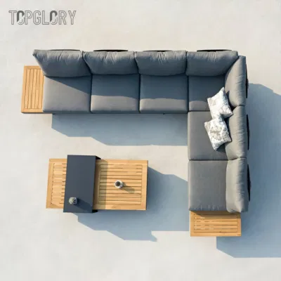 2022 Modern Hotel Home Outdoor Patio Garden Wooden Living Room Furniture Aluminum Teak Sectional Corner Chair Sofa Rattan Furniture with Side Coffee Table