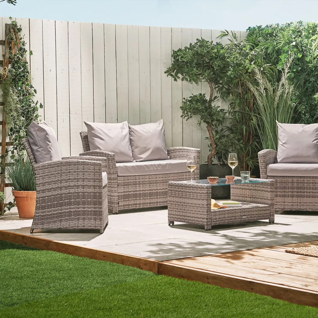 4 Piece Garden Rattan Wicker Loveseat Sofa and Coffee Table Patio Set