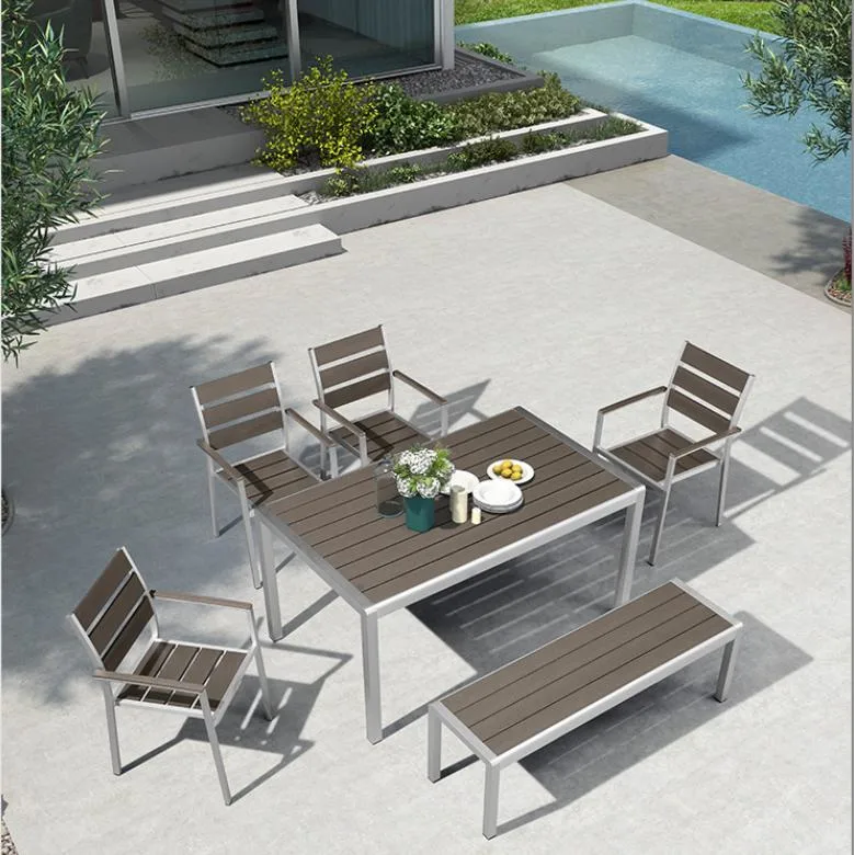 New Design Stainless Steel Dining Table Set for Outdoor Patio Terrace Garden Furnture Patio Dining Sets for Poly Wood Table and Chair Rattan Furniture